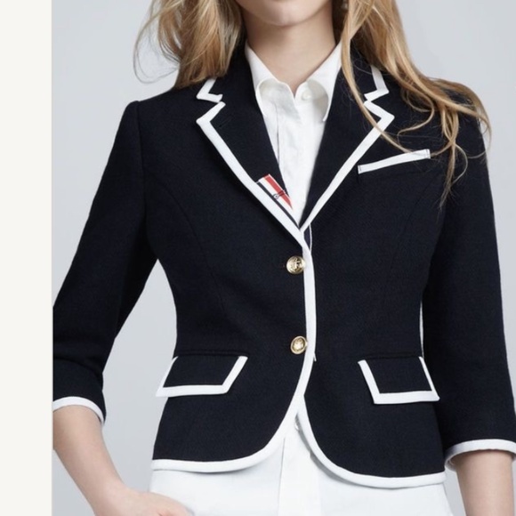 Thom Browne x Neiman Marcus Women’s Blazer Wool blend Navy Gold buttons Sz XXL - Picture 1 of 15